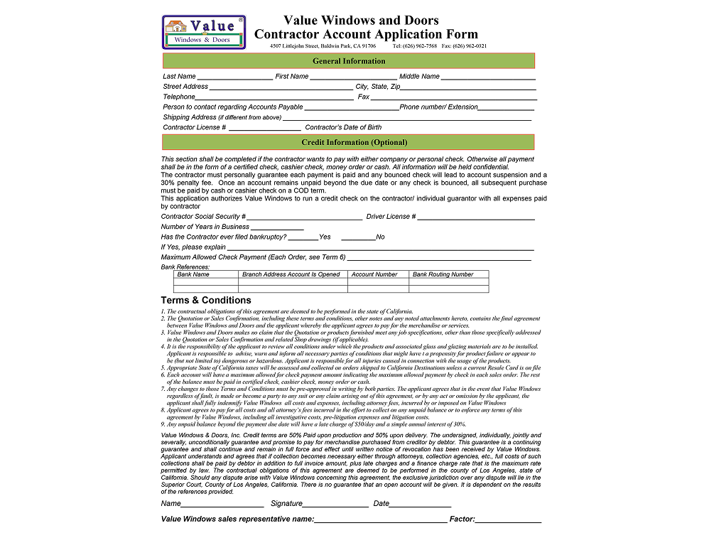 Credit Application for Contractors