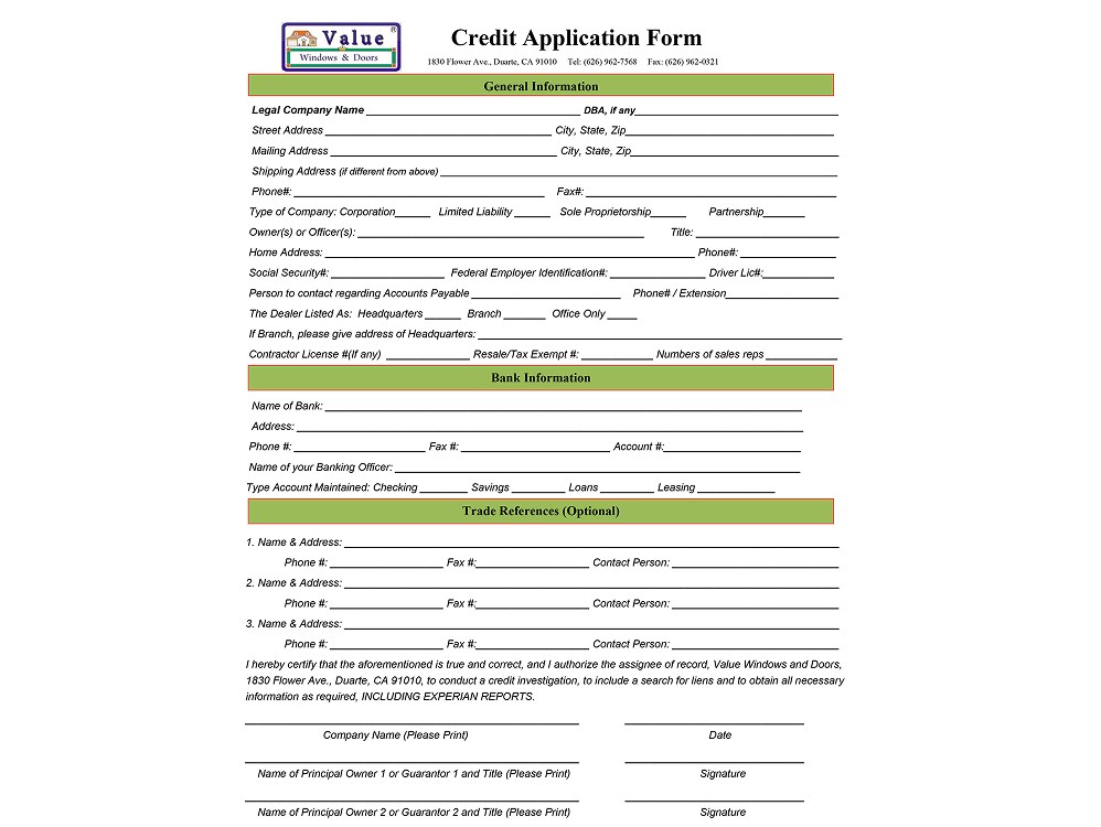 Credit Application for Value